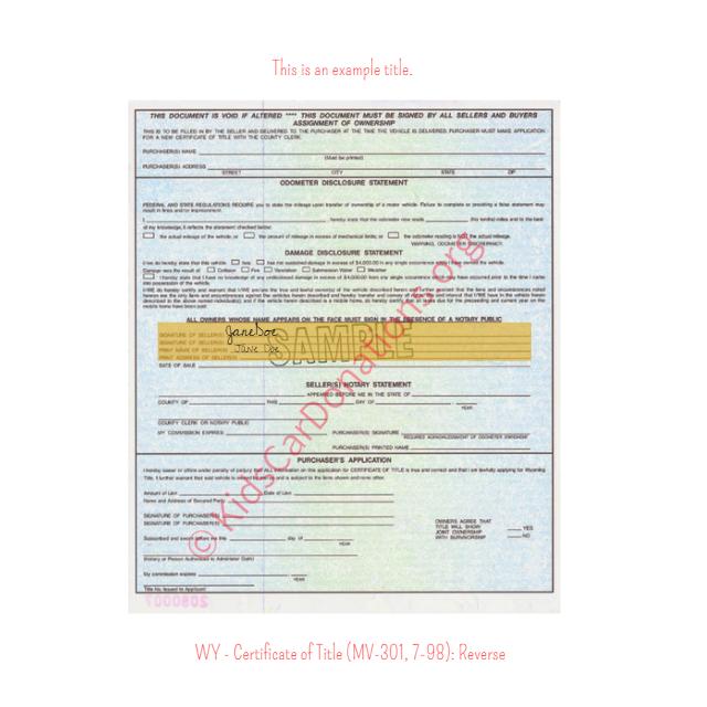 This is an Example of Wyoming Certificate of Title (MV-301, 7-98) Reverse View | Kids Car Donations